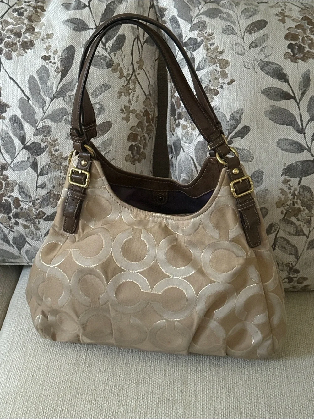 Vintage Coach Beige Signature Canvas Shoulder Bag with Brown Leather Trim